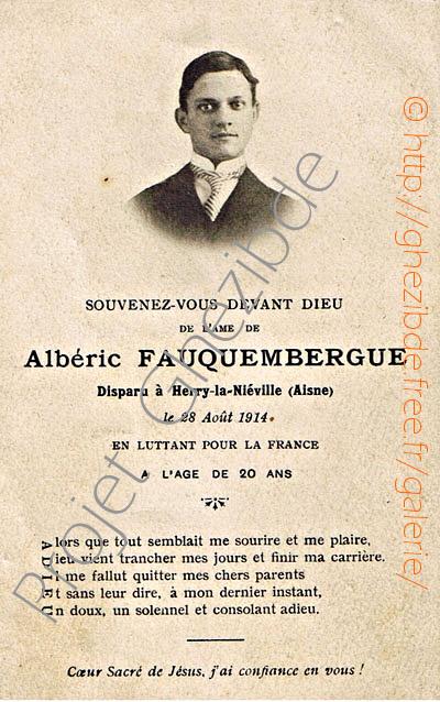 Albéric FAUQUEMBERGUE (victime de guerre), décédé à Herry-la-Neuville, le 28 Août 1914 (20 ans).